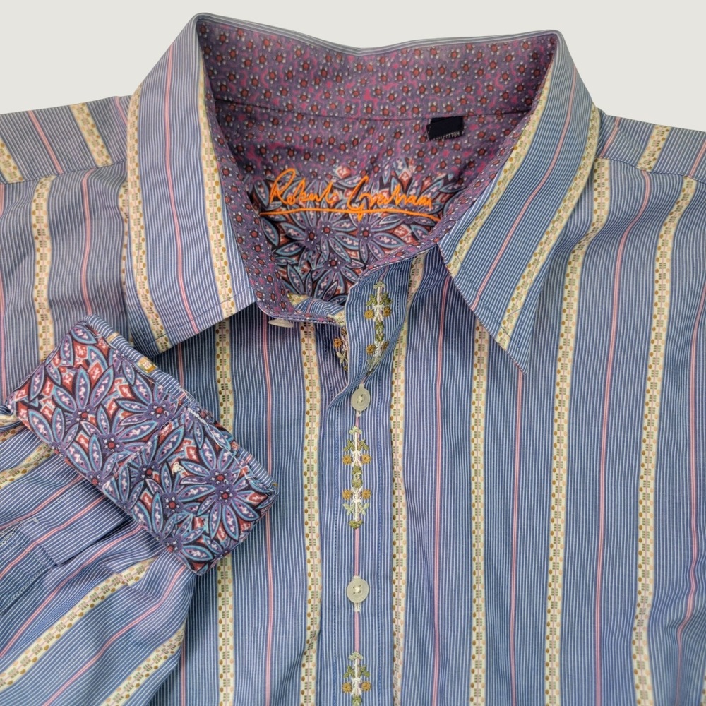 Robert Graham Button Down Shirt Mens 3XL Striped Embroidered Florals Flip Cuff